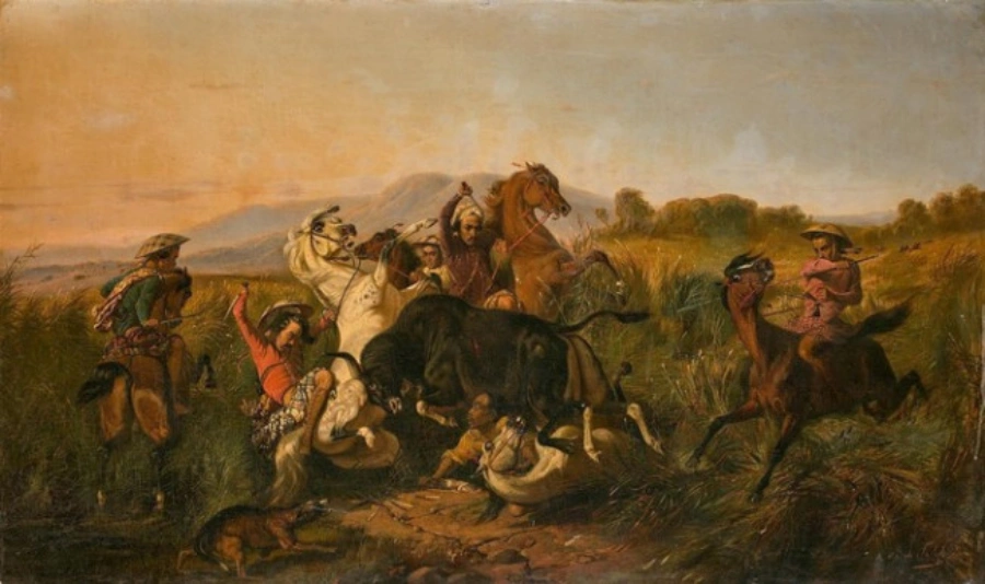 Perburuan Banteng karya Raden Saleh — asli dengan warna gelap